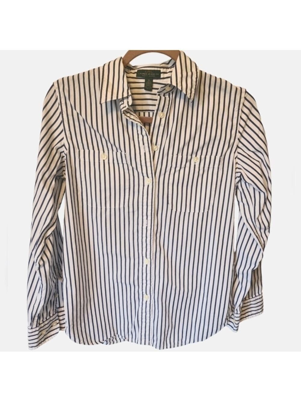 Ralph Lauren Blue & White Striped Button Down Long Sleeve Blouse Size XS